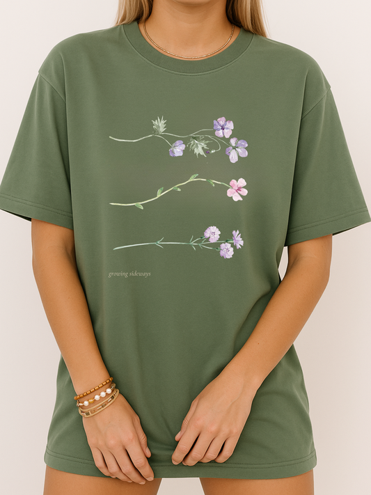 Growing Sideways Print T-Shirt, Vintage Botanical Floral Tee, Nature Lover Gift, Casual Wear, Eco-Friendly Fashion, Spring/Summer Attire